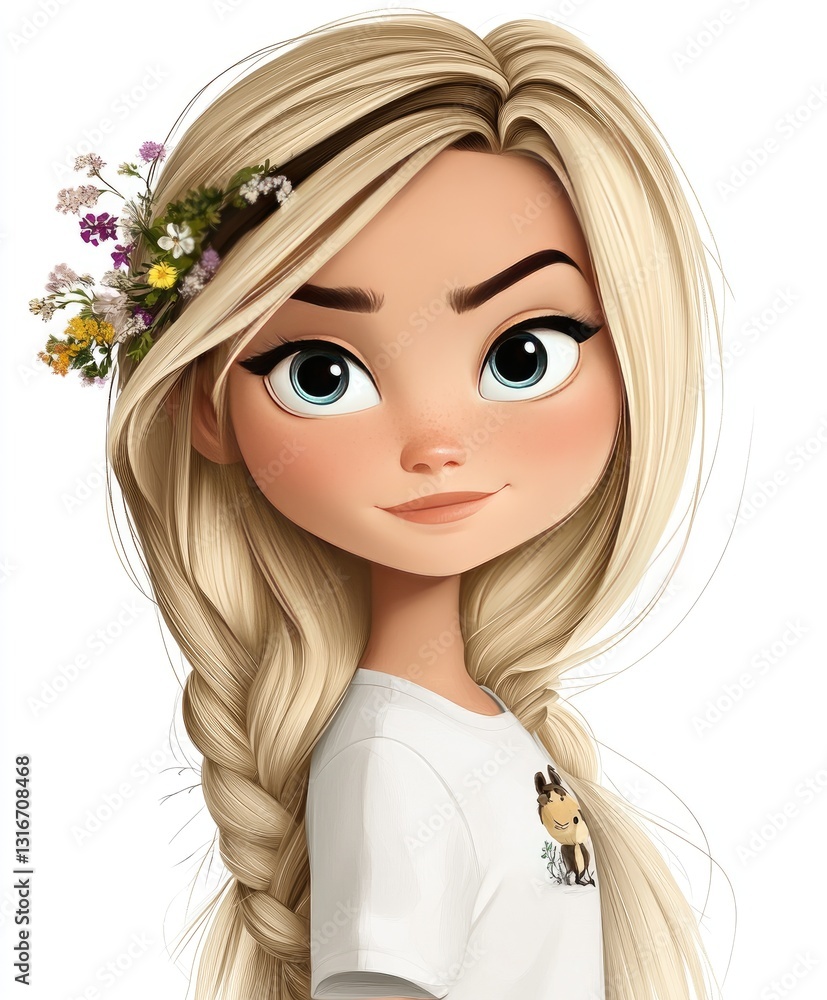 This digital illustration features a cute girl with big eyes and a trendy hairstyle adorned with flowers, ideal for children's illustrations and creative projects This digital illustration features a cute girl with big eyes and a trendy hairstyle adorned with flowers, ideal for children's illustrations and creative projects