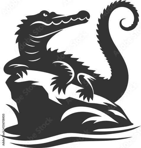 Crocodile resting on a rock with its tail curled vector silhouette