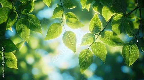 A sentimental natural image of green broadleaf tree leaves illuminated by bright sunlight in the middle of a blue sky.