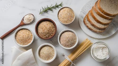 Wallpaper Mural Gluten-free Assorted grains and bread arranged on a marble countertop, showcasing culinary ingredients for baking Torontodigital.ca