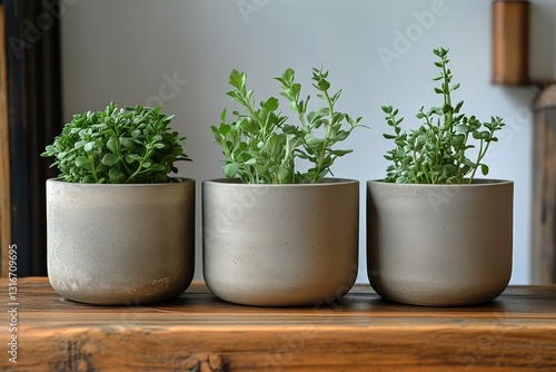 Decorative Succulents in Minimalist Pots on Wooden Table in a Cozy Indoor Set...