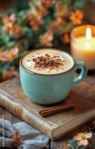 Warm Cup of Spiced Coffee With Chocolate Shavings and Autumn Decorations on a...