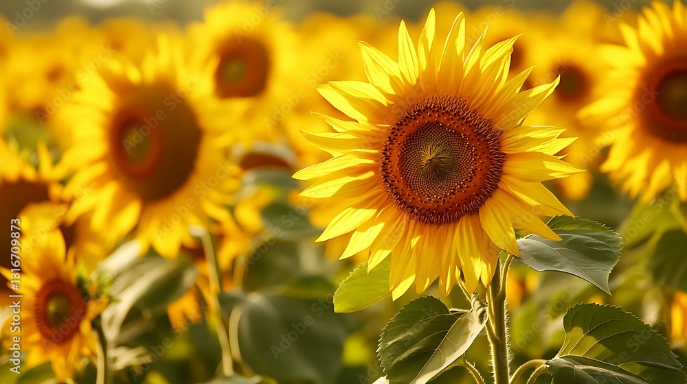 Sunlit sunflower field stretching as far as the eye can see, with bees buzzing around Sunlit sunflower field stretching as far as the eye can see, with bees buzzing around