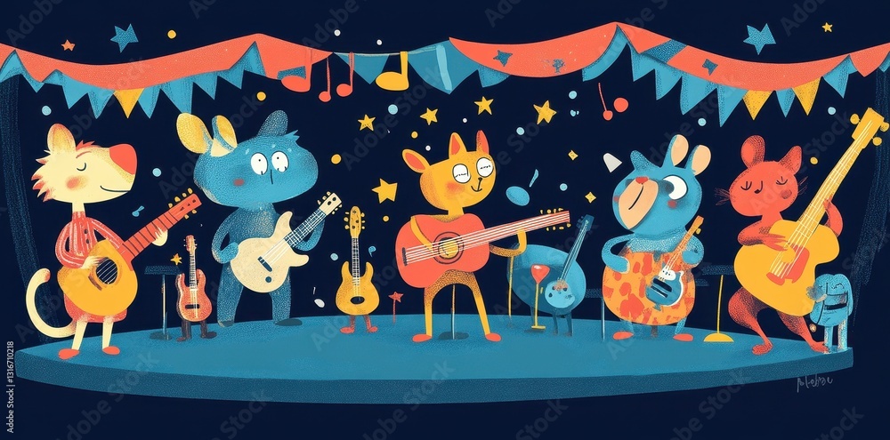 A whimsical band of animal musicians performs on a stage A whimsical band of animal musicians performs on a stage
