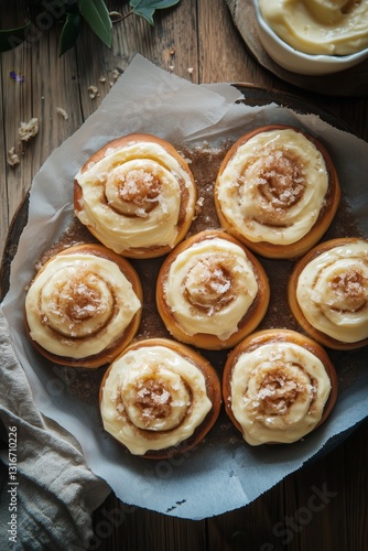 Delicious Cinnamon Rolls With Cream Cheese Icing Served on a Wooden Table