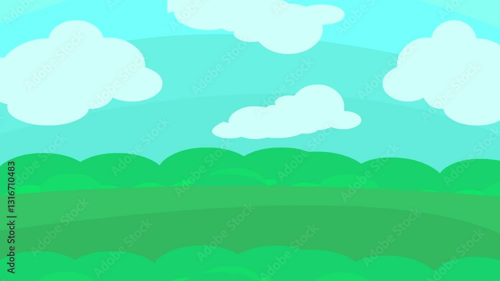Animated video of an grassy field with clouds in the background, art, cartoon. Animated video of an grassy field with clouds in the background, art, cartoon.