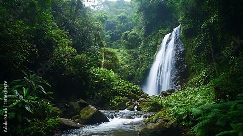 Tropical rainforest with cascading waterfalls, vibrant wildlife, and lush vegetation