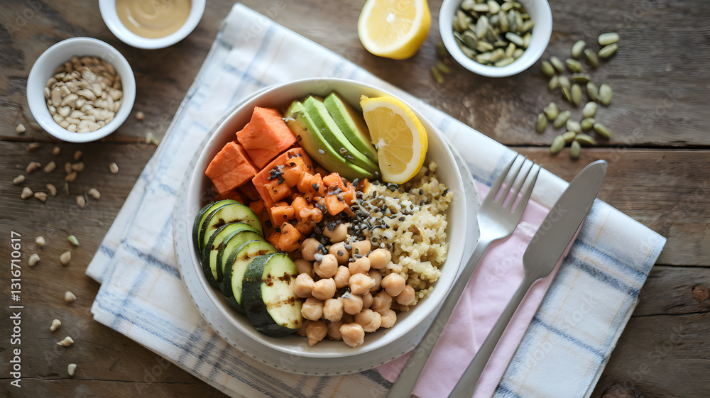 Gluten-free Colorful healthy bowl of quinoa topped with fresh vegetables, seeds, and lemon on a rustic table Gluten-free Colorful healthy bowl of quinoa topped with fresh vegetables, seeds, and lemon on a rustic table