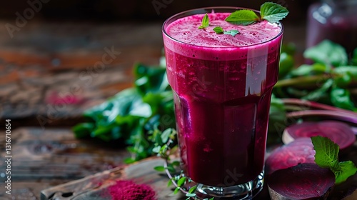Refreshing Purple Beetroot Juice in Glass with Mint Garnish and Wooden Background