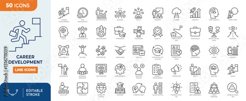 Career Development Line Editable Icons set. Containing skills, practice, knowledge, training, mentorship, networking, personal branding, goal setting, job rotation, and more. vector illustration