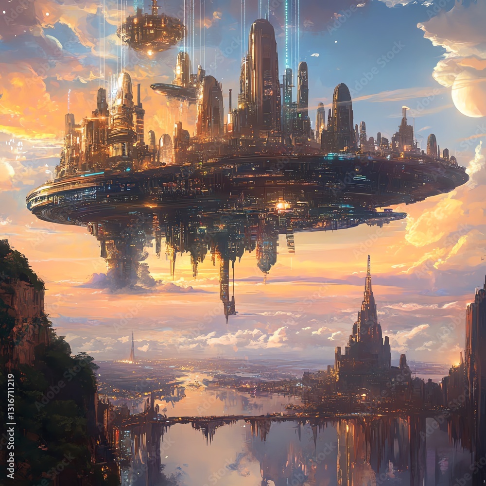 Fototapeta premium A breathtaking digital painting of a futuristic, floating city suspended in the clouds above a mystical landscape. Utopian architecture and vibrant sunset.