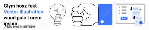 Lightbulb with solar panel emphasizes innovation, fist bump for teamwork, checklist suggests planning. Ideal for business ideas, partnerships, productivity, clean energy, finance, goal-setting