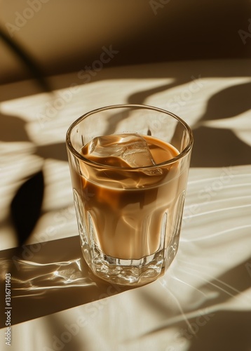 Glass of Iced Drink on Table With Shadows and Sunlight Creating an Ambient At...