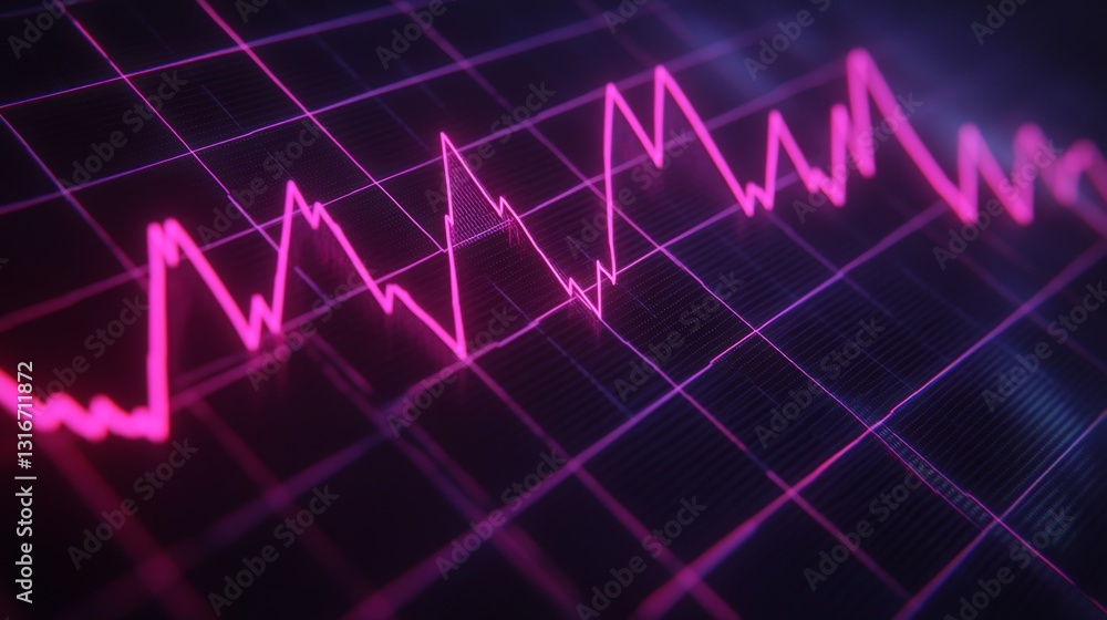 Line graph with peaks and troughs, showing fluctuating data, on a dark grid with glowing neon lines for a tech-inspired look. Line graph with peaks and troughs, showing fluctuating data, on a dark grid with glowing neon lines for a tech-inspired look.