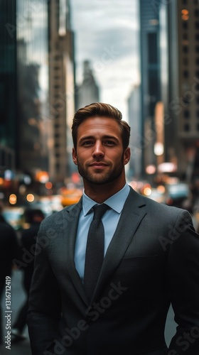 Business Professional Poses Confidently in Busy City Street During Twilight H...