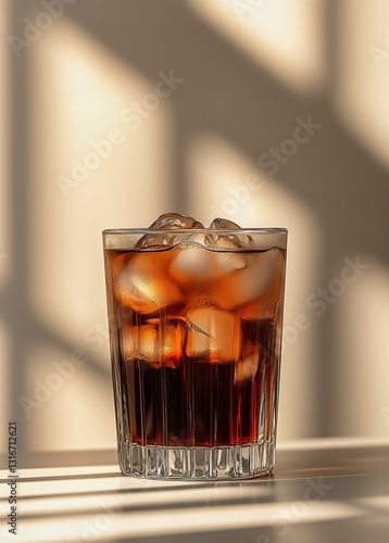 Refreshing Drink With Ice Cubes on a Table in Warm Afternoon Light