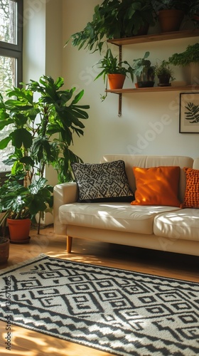 Cozy Living Room With Bright Sunlight Illuminating a Stylish Couch and Plants