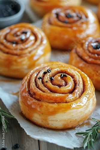Delicious Cinnamon Rolls Topped With Glaze and Spices on a Rustic Wooden Table