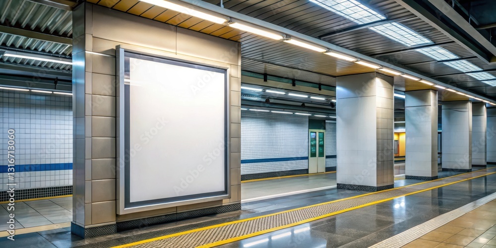 A blank billboard in a subway station with only an advertisement for a new product, billboard, cityscape A blank billboard in a subway station with only an advertisement for a new product, billboard, cityscape