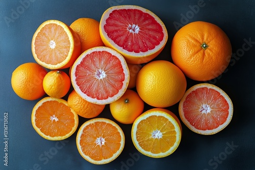 Fresh Citrus Fruits Arranged in a Circular Pattern on a Wooden Surface With G...