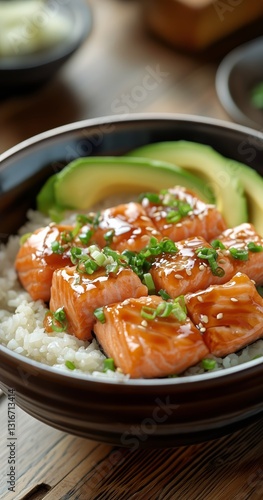 Delicious Salmon Bowl With Rice and Avocado Served in a Wooden Setting
