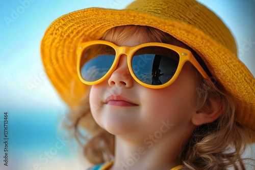 Child Wearing Yellow Hat and Sunglasses Enjoys Sunny Day Outdoors in Green En...