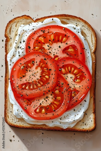 Freshly Sliced Tomatoes on Creamy White Bread With Black Pepper Seasoning Rea...