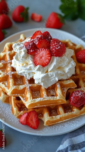 Delicious Homemade Waffles Topped With Fresh Strawberries and Whipped Cream a...