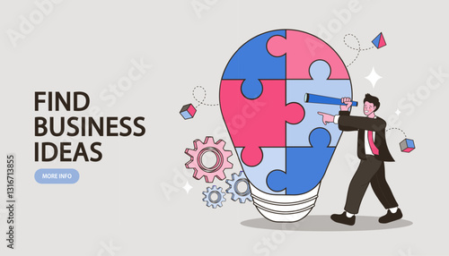 Find business ideas concept. A businessman with a telescope assembles a lightbulb made of jigsaw puzzle pieces. Vector illustration for innovation, startup strategy, and market research.