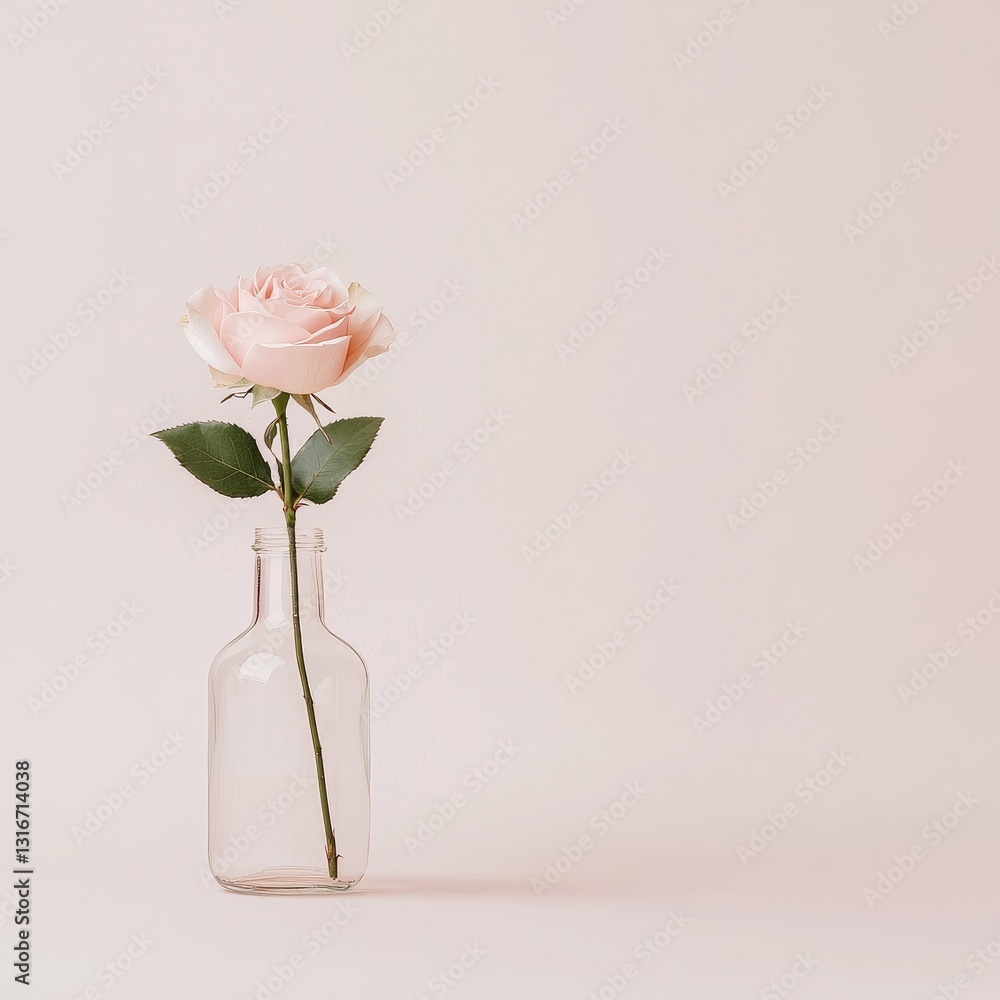 Fototapeta premium Delicate pink rose in glass bottle minimalist setting nature soft lighting aesthetic beauty