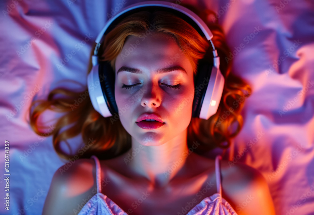 portrait of beautiful red-haired girl in big headphones listening to music while lying on bed portrait of beautiful red-haired girl in big headphones listening to music while lying on bed