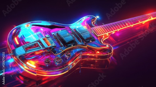 A colorful and glowing electric guitar shining brightly in vibrant colors