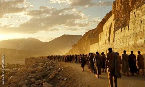 Ancient Israelite Army Circling the City of Jericho. Bible Story Visualization in Dramatic Style