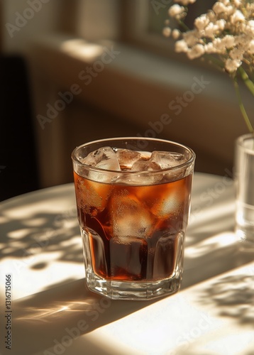 Creamy Beverage Beside Flowers in a Sunlit Indoor Setting During the Afternoon