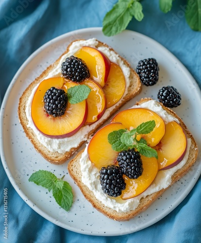 Delicious Toast Topped With Fresh Peaches, Blackberries, and Honey on a Blue ...