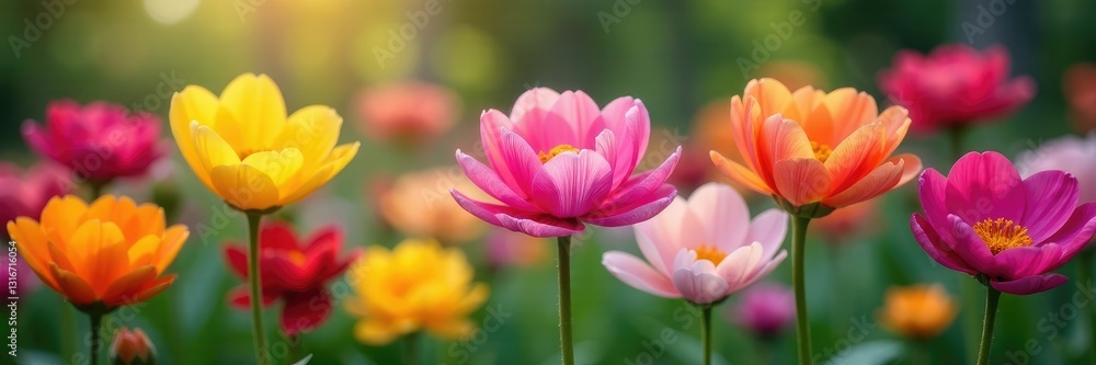 Colorful flowers with delicate petals unfolding in a garden background, colorful blooms, flowers Colorful flowers with delicate petals unfolding in a garden background, colorful blooms, flowers