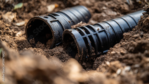 Two black plastic pipes partially buried in dirt indicate preparation for drainage or irrigation installation in a garden or construction site