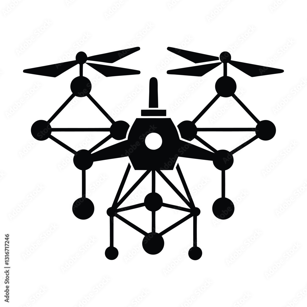 Illustration of a drone with propellers and a geometric structure in black and white. Digital networks Graphic resource for design Illustration of a drone with propellers and a geometric structure in black and white. Digital networks Graphic resource for design