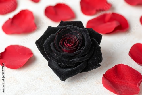 Elegant black rose surrounded by red petals floral arrangement photography indoor setting close-up beauty of contrast