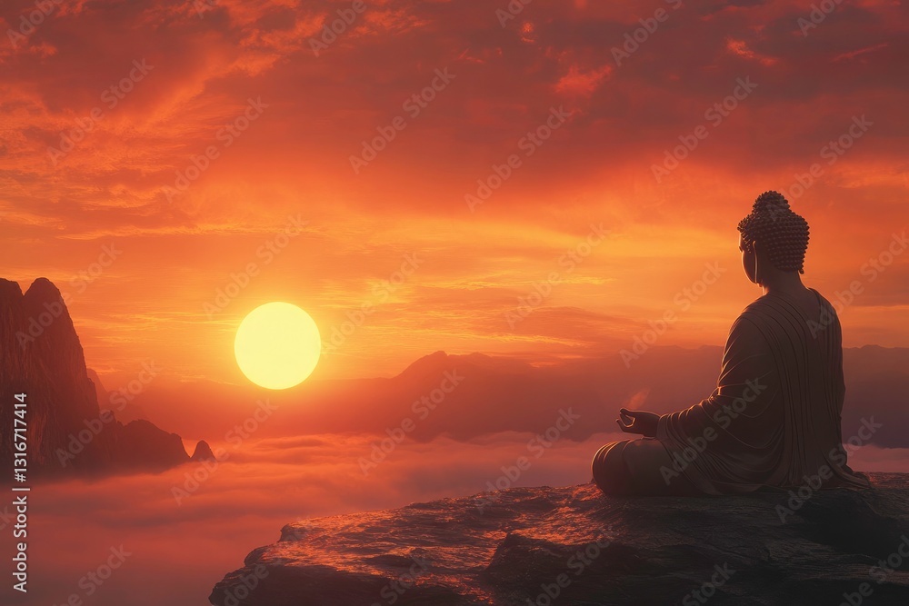 Fototapeta premium Buddha meditating at sunset over misty mountains