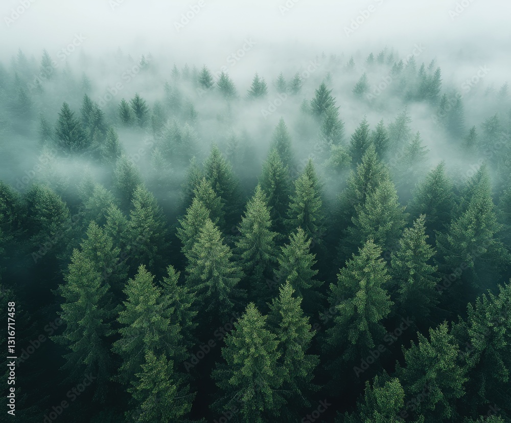 Fototapeta premium Misty pine forest viewed from above at dawn