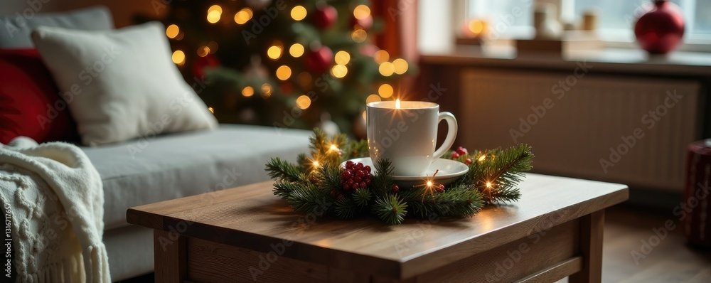 Cozy winter coffee table setup with knitted sweaters and Christmas decorations, christmas decorations, holiday decor, cozy Cozy winter coffee table setup with knitted sweaters and Christmas decorations, christmas decorations, holiday decor, cozy