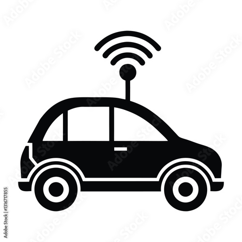 A black silhouette of a car with a sensor on top emitting signal waves above it. Digital networks Graphic resource for design