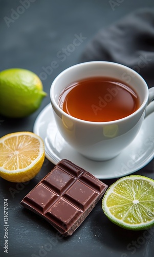 Warm Cup of Tea With Lime and Dark Chocolate on a Dark Stone Surface