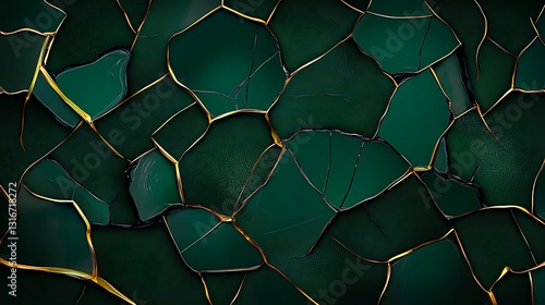 Emerald Green Cracked Stone Texture with Gold Veining: Digital Art Illustration AI Generated