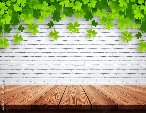 Wallpaper Mural Empty wooden table and green wall and clovers, green st patrick day background, clovers and green backside mock up template Torontodigital.ca