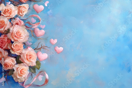 Romantic floral hearts arrangement soft blue background digital artwork serene environment close-up view love concept