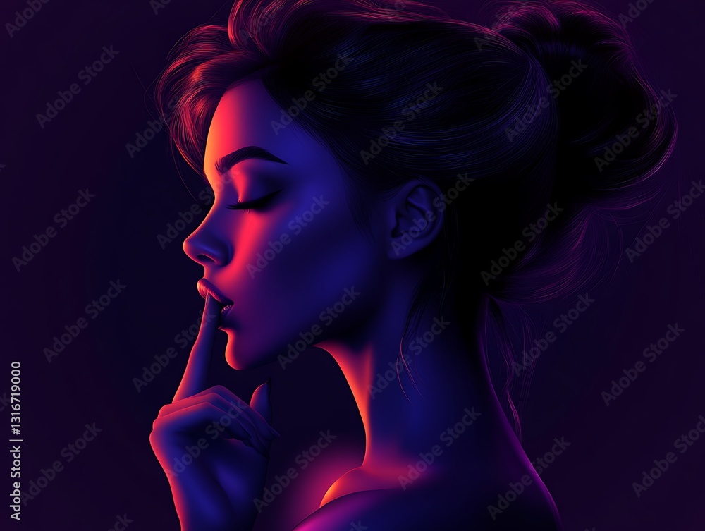 Woman's profile portrait in neon light. Woman's profile portrait in neon light.