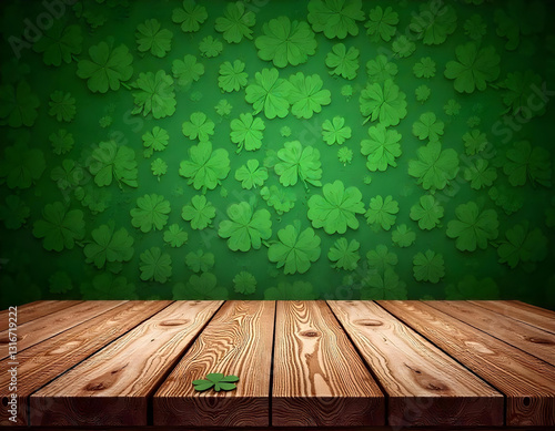 Wallpaper Mural wooden table and green wall and clovers, green st patrick day background, clovers and green backside mock up template	 Torontodigital.ca