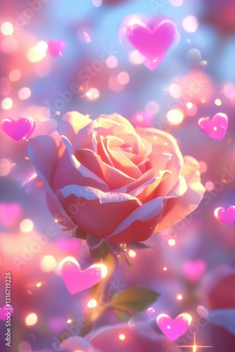 Romantic rose blossom surrounded by floating hearts outdoor garden digital art soft focus love concept